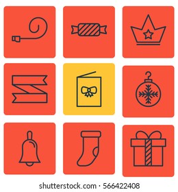Set Of 9 Holiday Icons. Includes Gift, Celebration Card, Fireplace Decoration And Other Symbols. Beautiful Design Elements.