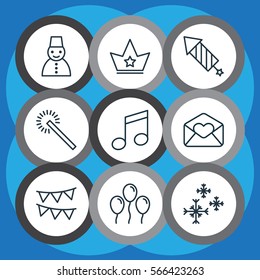 Set Of 9 Holiday Icons. Includes Crotchets, Greeting Email, Sparkles And Other Symbols. Beautiful Design Elements.