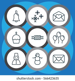 Set Of 9 Holiday Icons. Includes Celebration Letter, Birthday Cake, Snow Person And Other Symbols. Beautiful Design Elements.