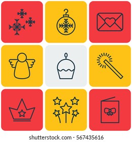 Set Of 9 Holiday Icons. Includes Corona, Star Snow, Celebration Letter And Other Symbols. Beautiful Design Elements.