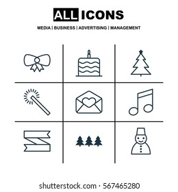 Set Of 9 Holiday Icons. Includes Butterfly Knot, Crotchets, Celebration Cake And Other Symbols. Beautiful Design Elements.