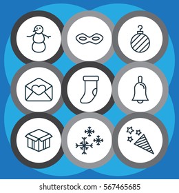 Set Of 9 Holiday Icons. Includes Winter, Handbell, Fireplace Decoration Symbols. Beautiful Design Elements.