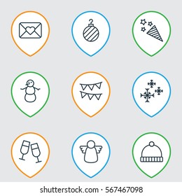 Set Of 9 Holiday Icons. Includes Christmas Ball, Star Snow, Firecracker And Other Symbols. Beautiful Design Elements.