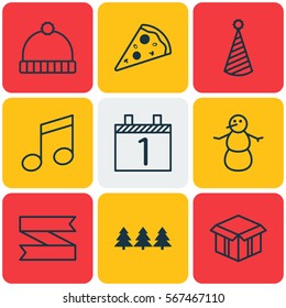 Set Of 9 Holiday Icons. Includes Winter, Sliced Pizza, Holiday Ornament And Other Symbols. Beautiful Design Elements.