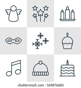Set Of 9 Holiday Icons. Includes Celebration Cake, Archangel, Carnival Face And Other Symbols. Beautiful Design Elements.