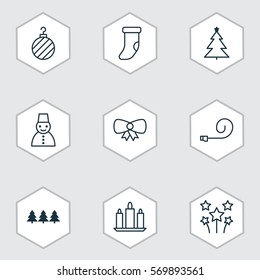 Set Of 9 Holiday Icons. Includes Butterfly Knot, Snow Person, Decorated Tree And Other Symbols. Beautiful Design Elements.