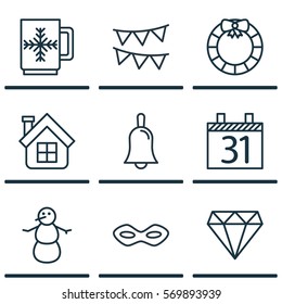 Set Of 9 Holiday Icons. Includes Winter, Garland , Handbell Symbols. Beautiful Design Elements.