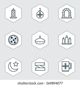 Set Of 9 Holiday Icons. Includes Tree Toy, Fire Wax, Crescent And Other Symbols. Beautiful Design Elements.