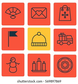 Set Of 9 Holiday Icons. Includes Winter, Flag Point, Doughnut And Other Symbols. Beautiful Design Elements.
