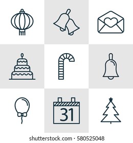 Set Of 9 Holiday Icons. Includes Handbell, Decorated Tree, Balloon Symbols. Beautiful Design Elements.