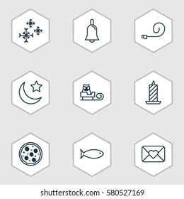 Set Of 9 Holiday Icons. Includes Fishing, Pizza Meal, Celebration Letter And Other Symbols. Beautiful Design Elements.