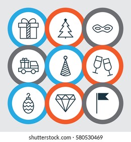 Set Of 9 Holiday Icons. Includes Gift, Birthday Hat, Carnival Face And Other Symbols. Beautiful Design Elements.