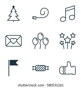 Set Of 9 Holiday Icons. Includes Crotchets, Flag Point, Decorated Tree And Other Symbols. Beautiful Design Elements.