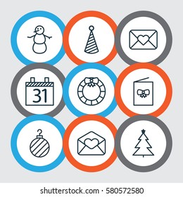Set Of 9 Holiday Icons. Includes Greeting Email, Celebration Letter, Garland Symbols. Beautiful Design Elements.