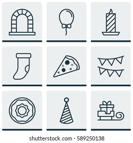 Set Of 9 Holiday Icons. Includes Sliced Pizza, Balloon, Decorative Flags And Other Symbols. Beautiful Design Elements.