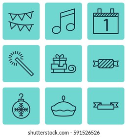 Set Of 9 Holiday Icons. Includes Decorative Flags, Placard, Sweet And Other Symbols. Beautiful Design Elements.
