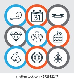 Set Of 9 Holiday Icons. Includes Celebrate Whistle, Tree Toy, Brilliant And Other Symbols. Beautiful Design Elements.