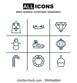 Set Of 9 Holiday Icons. Includes Garland , Birthday Cake, Placard Symbols. Beautiful Design Elements.