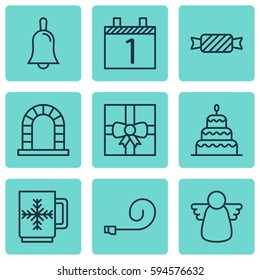 Set Of 9 Holiday Icons. Includes Celebrate Whistle, Arch, Gift Surprise And Other Symbols. Beautiful Design Elements.