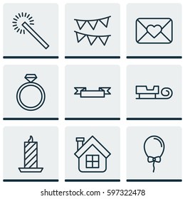 Set Of 9 Holiday Icons. Includes Placard, Fire Wax, Celebration Letter And Other Symbols. Beautiful Design Elements.