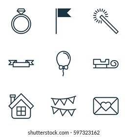 Set Of 9 Holiday Icons. Includes Sled, Sparkles, Celebration Letter And Other Symbols. Beautiful Design Elements.