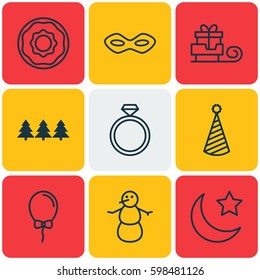 Set Of 9 Holiday Icons. Includes Birthday Hat, Doughnut, Winter And Other Symbols. Beautiful Design Elements.