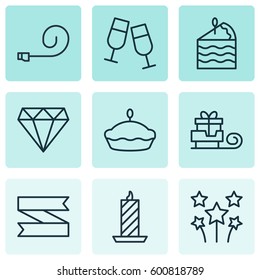 Set Of 9 Holiday Icons. Includes Champagne Glasses, Fire Wax, Toboggan And Other Symbols. Beautiful Design Elements.