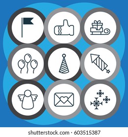 Set Of 9 Holiday Icons. Includes Flag Point, Air Ball, Toboggan And Other Symbols. Beautiful Design Elements.