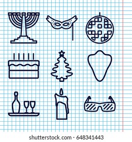 Set of 9 holiday outline icons such as animal fang, cake, mask, disco ball, wine bottle and glass, candle, sunglasses, menorah