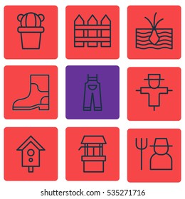 Set Of 9 Holticulture Icons. Includes Bugbear, Grower, Rubber Boot And Other Symbols. Beautiful Design Elements.