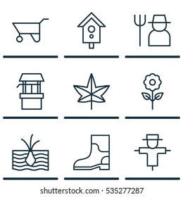 Set Of 9 Holticulture Icons. Includes Growing Plant, Bugbear, Rubber Boot And Other Symbols. Beautiful Design Elements.