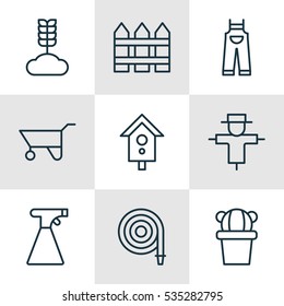 Set Of 9 Holticulture Icons. Includes Garden Clothes, Sprinkler, Desert Plant And Other Symbols. Beautiful Design Elements.