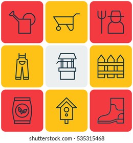 Set Of 9 Holticulture Icons. Includes Water Source, Grower, Garden Clothes And Other Symbols. Beautiful Design Elements.