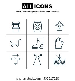 Set Of 9 Holticulture Icons. Includes Fertilizer, Sprinkler, Bugbear And Other Symbols. Beautiful Design Elements.
