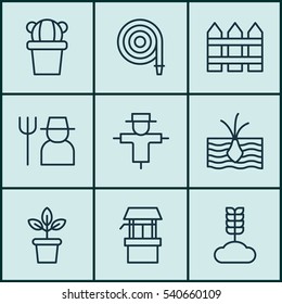 Set Of 9 Holticulture Icons. Includes Desert Plant, Bugbear, Barrier And Other Symbols. Beautiful Design Elements.