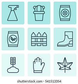 Set Of 9 Holticulture Icons. Includes Sprinkler, Fertilizer, Rubber Boot And Other Symbols. Beautiful Design Elements.