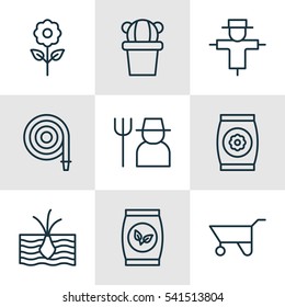 Set Of 9 Holticulture Icons. Includes Growing Plant, Fire Tube, Grower And Other Symbols. Beautiful Design Elements.