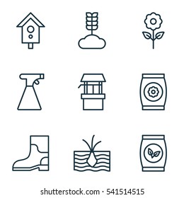 Set Of 9 Holticulture Icons. Includes Growing Plant, Water Source, Birdhouse And Other Symbols. Beautiful Design Elements.