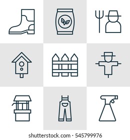 Set Of 9 Holticulture Icons. Includes Grower, Bugbear, Garden Clothes And Other Symbols. Beautiful Design Elements.
