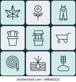 Set Of 9 Holticulture Icons. Includes Garden Clothes, Growing Plant, Fire Tube And Other Symbols. Beautiful Design Elements.