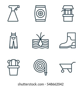 Set Of 9 Holticulture Icons. Includes Rubber Boot, Water Source, Growing Plant And Other Symbols. Beautiful Design Elements.