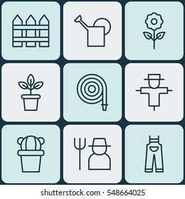 Set Of 9 Holticulture Icons. Includes Bailer, Barrier, Fire Tube And Other Symbols. Beautiful Design Elements.