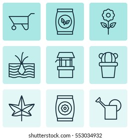 Set Of 9 Holticulture Icons. Includes Decorative Plant, Grains, Desert Plant And Other Symbols. Beautiful Design Elements.