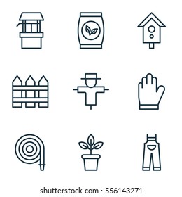 Set Of 9 Holticulture Icons. Includes Garden Clothes, Flowerpot, Birdhouse And Other Symbols. Beautiful Design Elements.