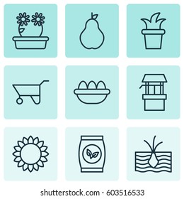 Set Of 9 Holticulture Icons. Includes Wheelbarrow, Grains, Ovum And Other Symbols. Beautiful Design Elements.