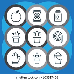 Set Of 9 Holticulture Icons. Includes Protection Mitt, Bucket, Jar And Other Symbols. Beautiful Design Elements.