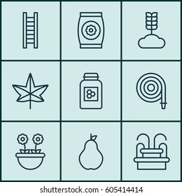 Set Of 9 Holticulture Icons. Includes Water Monument, Fertilizer, Fire Tube And Other Symbols. Beautiful Design Elements.