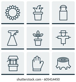 Set Of 9 Holticulture Icons. Includes Bush Pot, Helianthus, Protection Mitt And Other Symbols. Beautiful Design Elements.