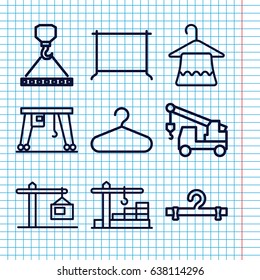 Set of 9 hook outline icons such as hanger, truck with hook, hook with cargo, cargo crane