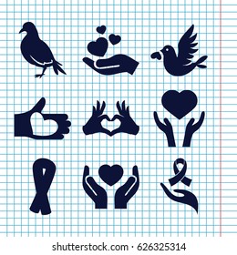 Set of 9 hope filled icons such as dove, ribbon, heart on hand, hands holding heart